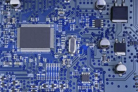 Macro shot of back side circuit board. Top view with copy space. Stock Photos