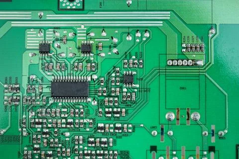 Macro shot of back side circuit board. Top view with copy space. Stock Photos
