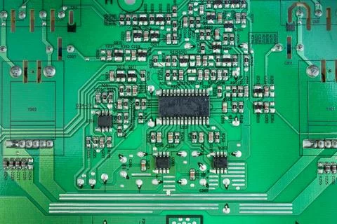 Macro shot of back side circuit board. Top view with copy space. Stock Photos