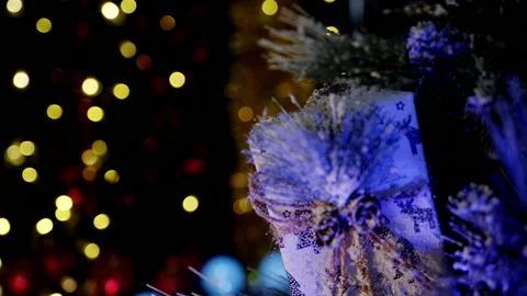A macro shot of a beautifully packaged gift under a Christmas tree on a dark Stock Footage 166049634