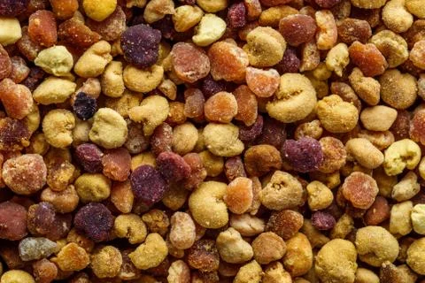 Macro shot of bee pollen or perga.Raw brown, yellow, orange and blue flower p Stock Photos