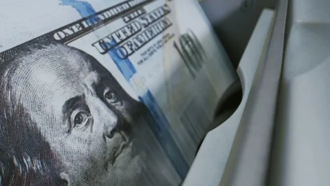 Macro Shot Bill Counting Machine Counting Cash of 100 Dollar Bills. American Stock Footage 229616083