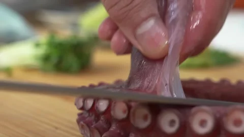 Macro Shot of Boiled Octopus Tentacle with Detailed Suction Cups on Wooden Board Stock-Footage 333526973