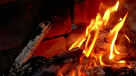 Macro shot of burning campfire logs with bright glowing flames and embers Stock Footage 341878731