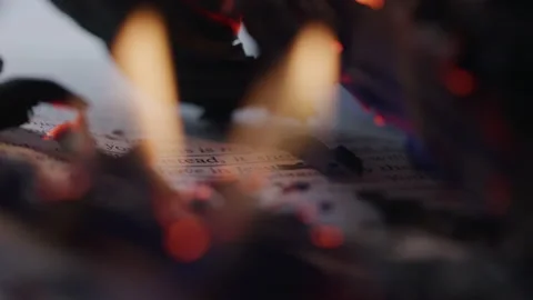 Macro shot of Burning Pages With Ash moving around and flying off Stock Footage 208795445