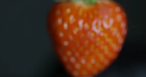 Macro Shot Of Camera Focusing On Ripe Red Fresh Strawberry Being Held Up  Stock Footage 114032970