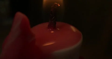MACRO Shot of Candle Wick Burning, Dripping Red SLOW MOTION Stock Footage 255972031
