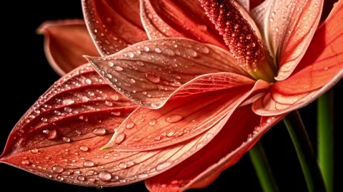 A macro shot capturing a breathtaking red exotic flower set against a pure black Stock Footage 295337369