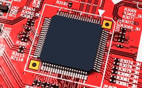 Macro shot of a Circuitboard with resistors microchips and electronic compone Stock Photos