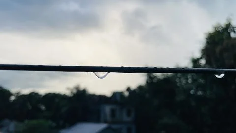 Macro Shot of Clear Water Drops Clinging to Horizontal Black Cable Stock Photos