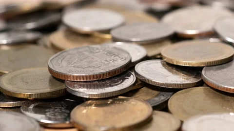 Macro shot of coin stack Stock Footage 132601294
