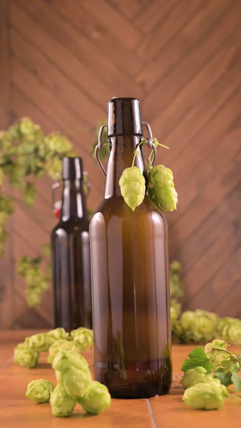 Macro shot of a cold brown beer bottle with a droplet of condensation slowly Stock Footage 311817447