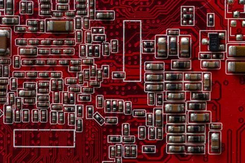 Macro shot of computer chips on a computer board Foto stock