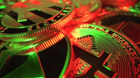 Macro shot of crypto money super close up, Litecoin with Bitcoin and Etherium Stock Footage 132484746