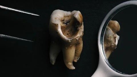 Macro shot of a decayed teeth till root after extraction of dentist. Stock Photos