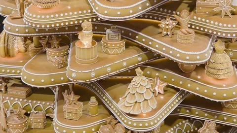 Macro shot of decorations made of gingerbread cake biscuit with dancers, bears, Stock Footage 331313802