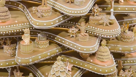 Macro shot of decorations made of gingerbread cake biscuit with dancers, bears, Stock Footage 331313858