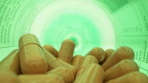 Macro shot of diet pills in the bottle. Moving view, brown pills, green bottle Stock Footage 152735197