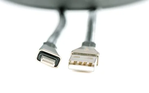 Macro shot of different types of USB connectors on a white background. Stock Photos
