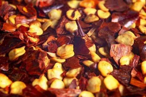 Macro shot of a dried red chilli. Food ingredient. Red dry chilli texture b.. Stock Photos