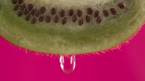 Macro Shot Drop Of Water Dripping Slice of fresh Green Kiwi and Seeds Fruit o Stock Footage 147596851