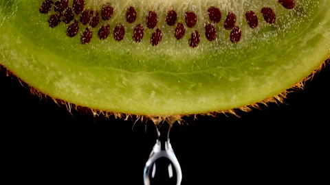 Macro Shot Drop Of Water Dripping Slice of fresh Green Kiwi and Seeds Fruit on Video stock 221744472