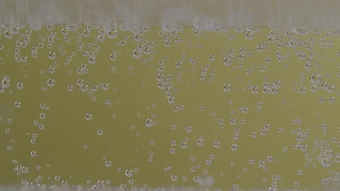 Macro Shot of Effervescent Bubbles in Glass in Front of Yellow Background Vidéo 208805834