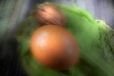Macro Shot Of an Egg on Leave With Walnut Stock Photos