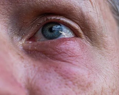 Macro shot of an elderly person's eye with visible wrinkles and details Foto stock