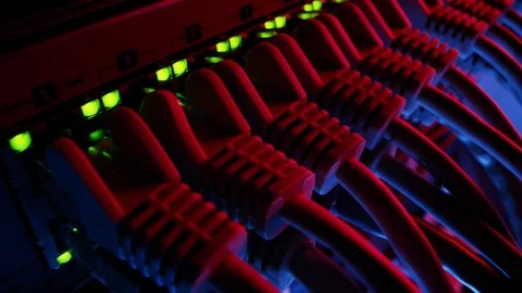 Macro Shot: Ethernet Data Cables Connected to Router Ports with Blinking Lights. Stock Footage 120925640