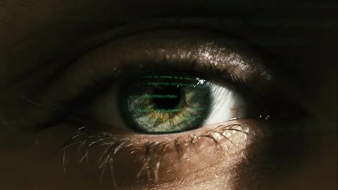 Macro shot of eyes with computer programming code reflection. Javascript program Stock Footage 257575486