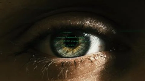 Macro shot of eyes with computer programming code reflection. Javascript program Photos