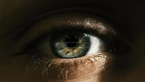 Macro shot of eyes with loading bar reflection. Application loading concept. 스톡 사진