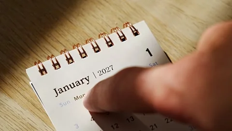 Macro shot of a finger on the first days of January 2027 on a small desk 库存影片 347054829