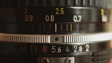 Macro-shot of the focus scale of a vintage lens rotating from 0.45m to infinity. Stock Footage 168352103