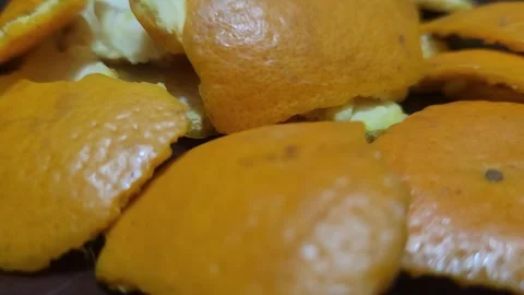 Macro shot of fresh orange citrus peels with detailed textured skin. Stock Footage 330272234