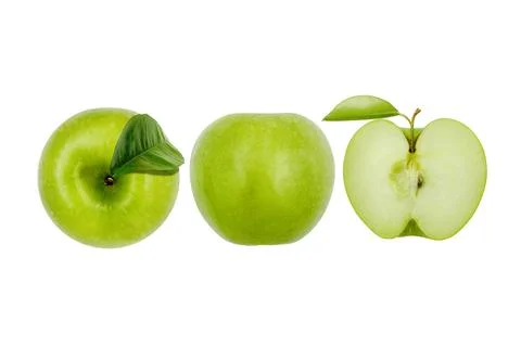 Macro shot of green apple with leaf  isolated on white surface Stock Photos