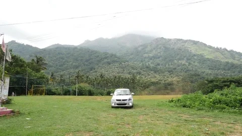 Macro shot of green forest, View of car standing on grass field Video stock 156962176