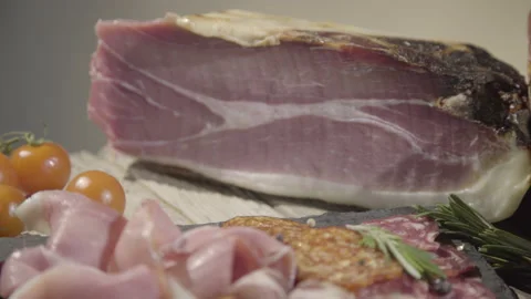 Macro shot with ham, tomatoes. Plating for holidays. 4k Video stock 143645595