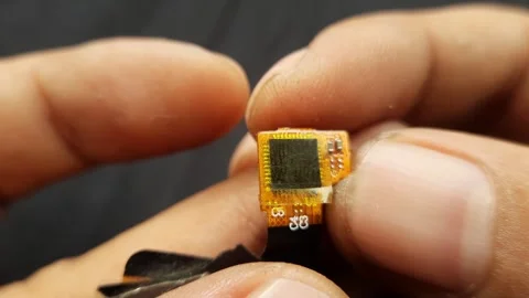 Macro Shot of Hand Holding Smartphone Flexible Display Chip Video stock 310142840