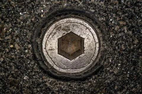 Macro shot of hex head bolt screw thread. Close up view of rustic hexagon Stock Photos