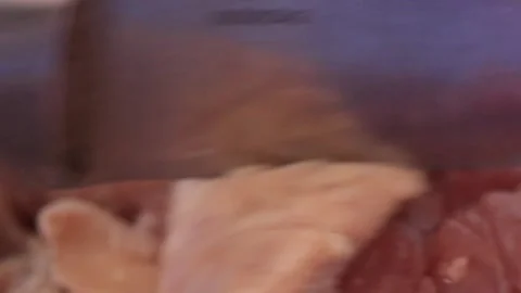 Macro shot from a knife cutting a piece of meat Stock Footage 254600680