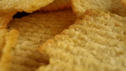 Macro shot of large salted potato chips. Fast food, semi-finished products Stock Footage 165191399