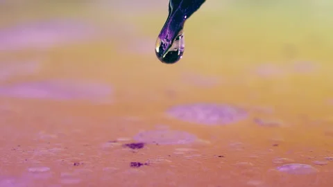 Macro shot of liquid droplet and plant leaf touching colorful fluid surface Stock Footage 346323398