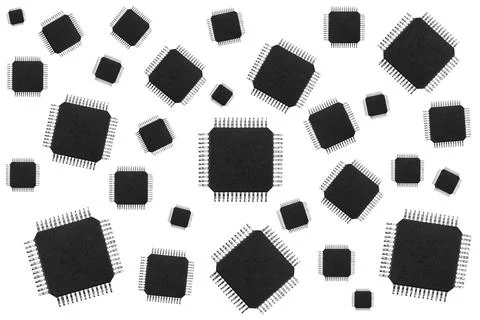 Macro shot microchip isolated on white background. Computer hardware techno.. Stock Photos