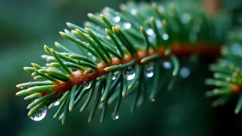 Macro Shot of Pine Tree Branch with Water Droplets Sparkling in Natural Light Stock Footage 305117109