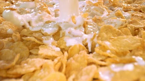 Macro shot of pouring milk on cornflakes Stock Footage 113040684
