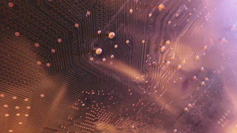 Macro shot of a printed circuit board catching fire from the side, slowmotion Stock Footage 304307268