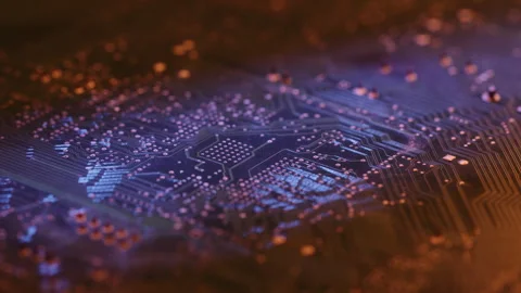 Macro shot of a printed circuit board catching fire, big flame., with dark blue Stock Footage 304307295