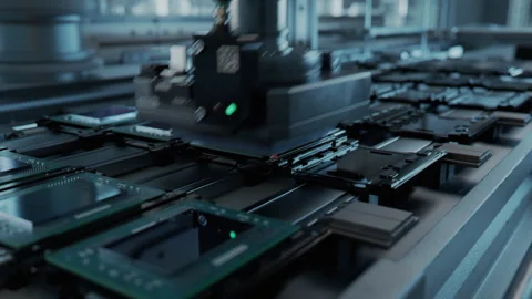 Macro Shot of Production Line with Computer Processors on Electronics Factory Stock Footage 241485554